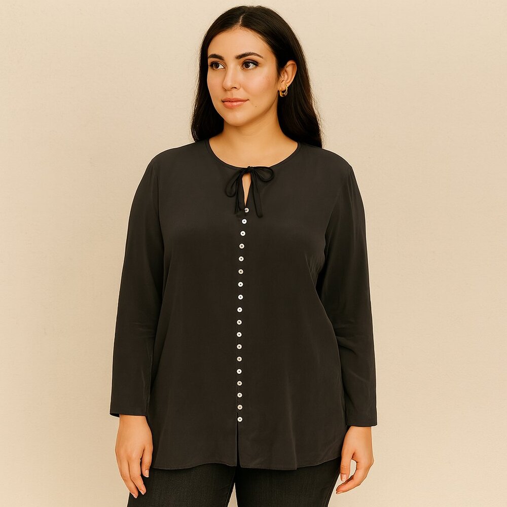 🖤 Due Per Due 100% Silk Black Long Sleeve Blouse – Vintage & Timeless Size 8